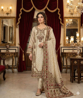 Ivory Cream Organza Suit Set with Intricate Maroon & Gold Floral Embroidery - Party Wear