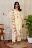 Pastel Yellow Cotton Lawn Kurta Pink Floral Embroidery Neckline Detail — Chalti Fashions
