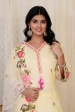 Light Yellow Lawn Kurta with Organza Floral Dupatta Detail View — Chalti Fashions