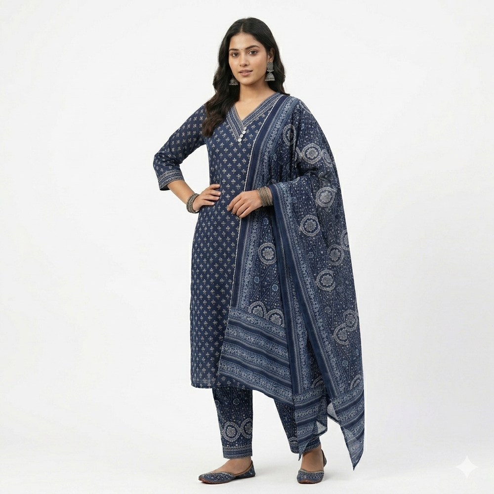 Navy Blue Cotton Printed Kurta Pant Dupatta Set — Chalti Fashions