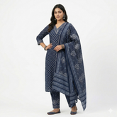 Navy Blue Cotton Printed Kurta Pant Dupatta Set — Chalti Fashions