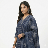 Navy Blue Cotton Ajrakh Print Kurta with Dupatta Front View — Chalti Fashions