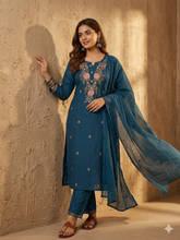 Teal Blue Cotton Slub Floral Embroidered Kurta Pant Dupatta Set — Chalti Fashions