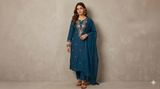 Teal Blue Straight Kurta Pant Set Full Length View — Chalti Fashions