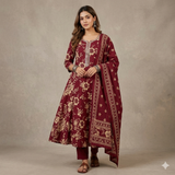 Maroon Cotton Blend Floral Printed Anarkali Kurta Pant Dupatta Set — Chalti Fashions