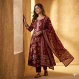 Maroon Floral Anarkali Full Length Side View — Chalti Fashions