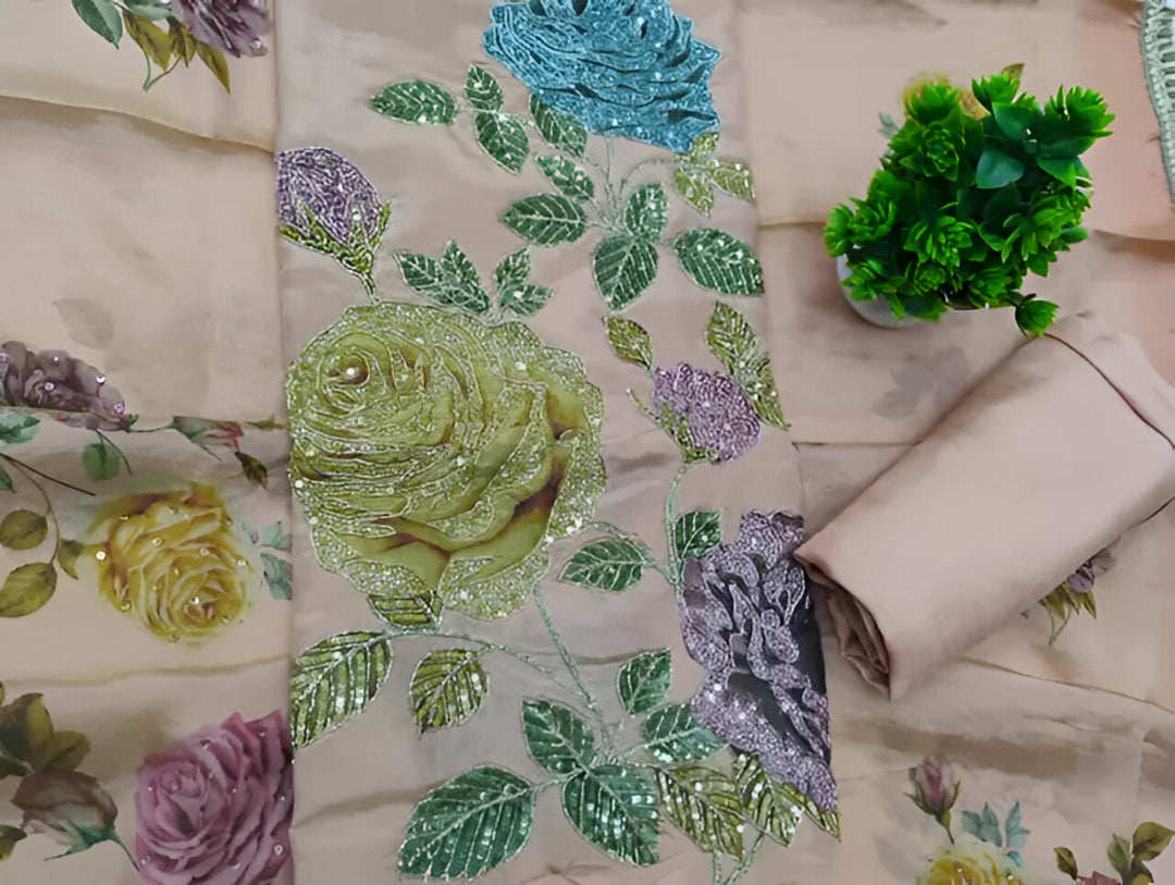 Pastel Garden Embroidered Suit Fabric Set