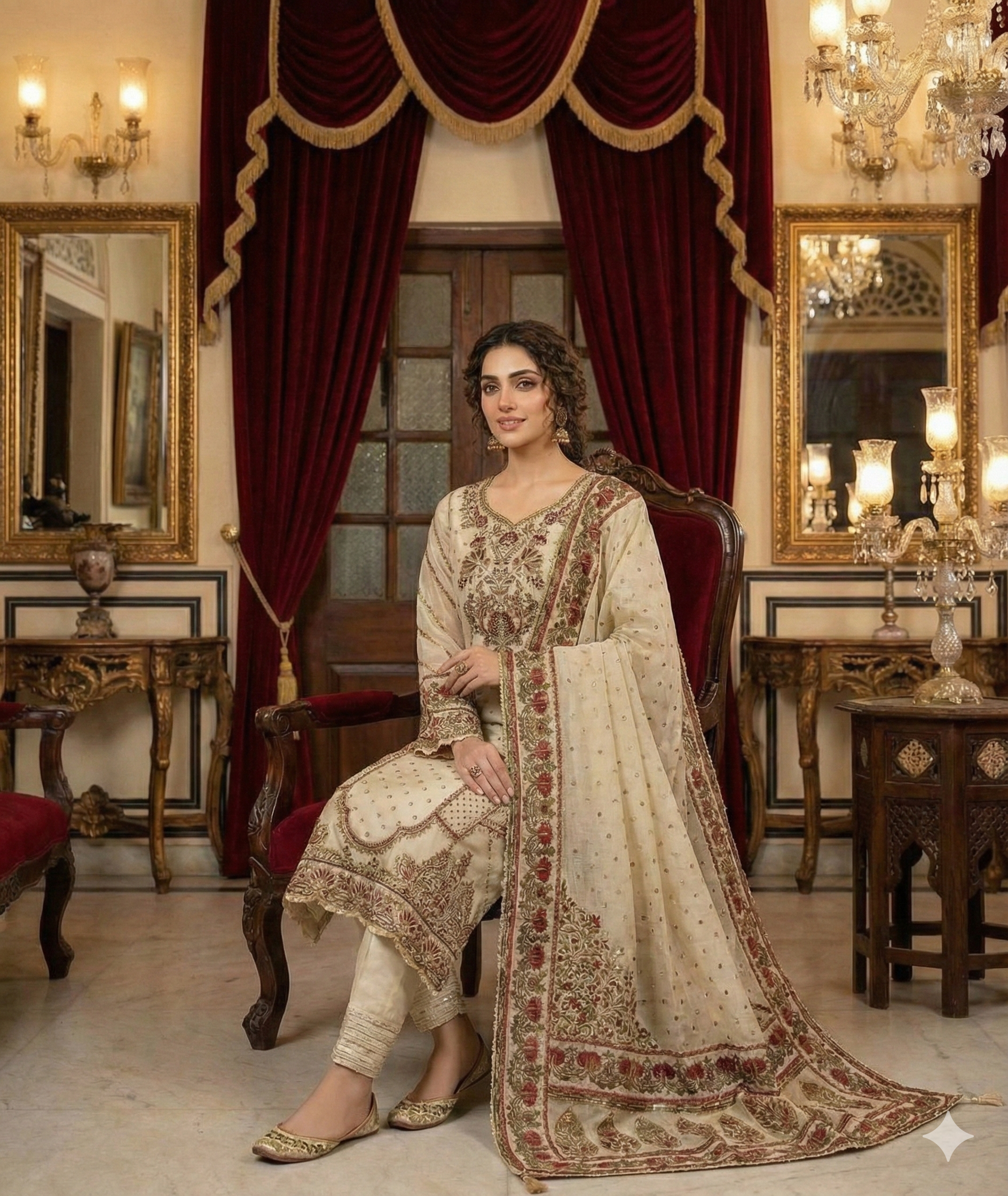 Ivory Cream Organza Suit Set with Intricate Maroon & Gold Floral Embroidery - Party Wear