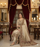 Ivory Cream Organza Suit Set with Intricate Maroon & Gold Floral Embroidery - Party Wear
