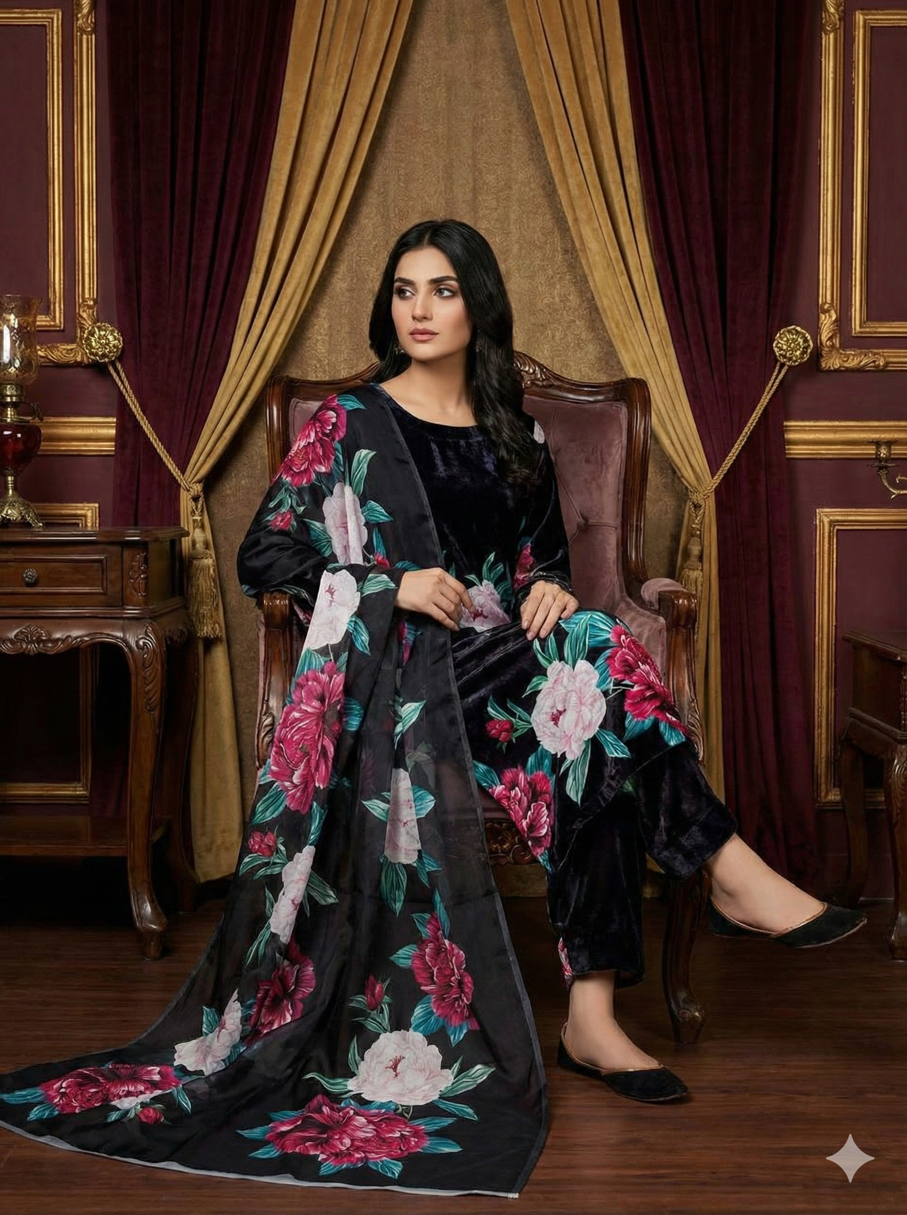 Premium Black Satin Silk Printed Suit with Designer Dupatta