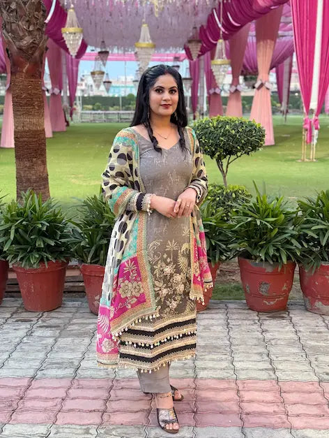 Gray Silk Dress Material with Jute Work