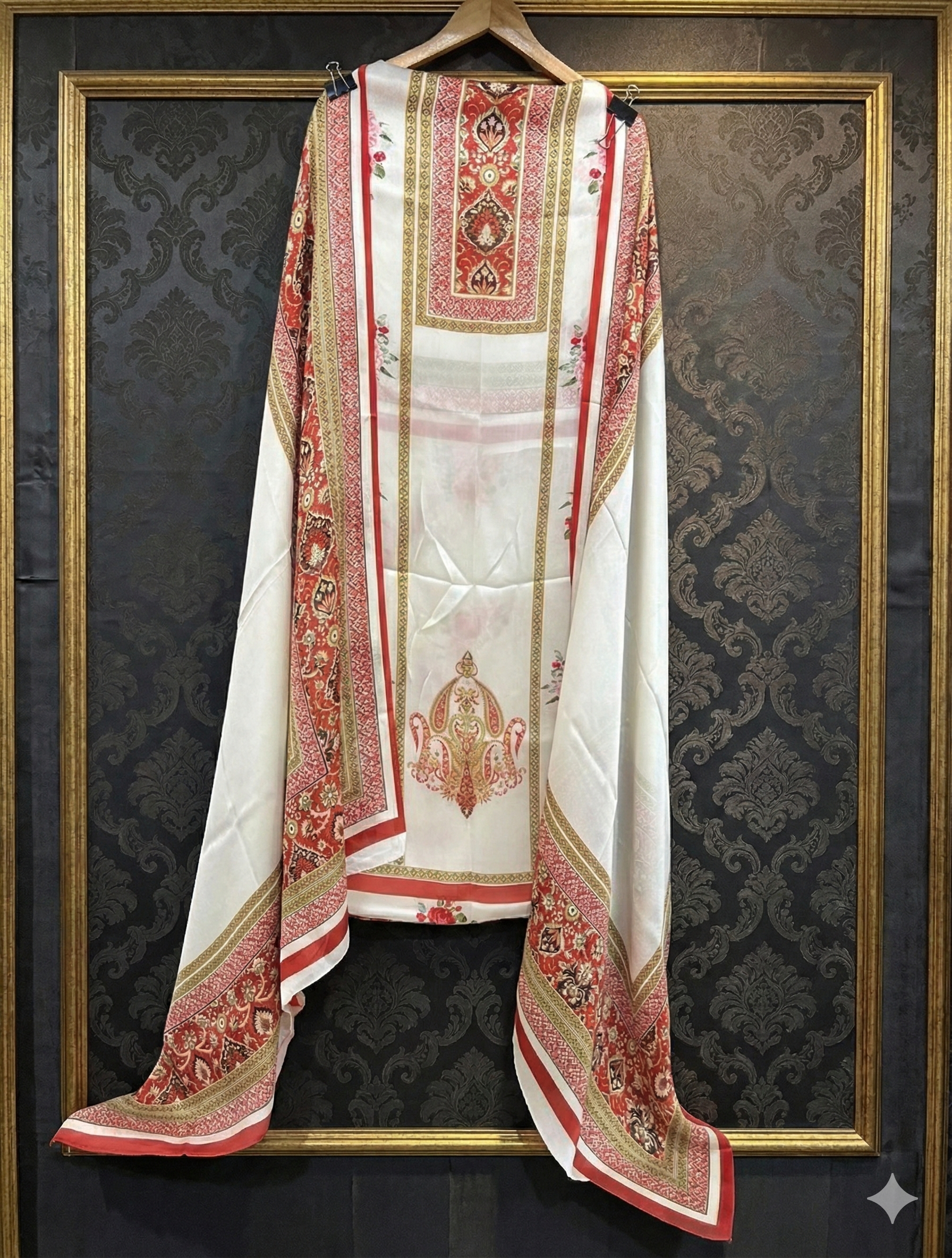 Premium Cream Satin Silk Printed Suit with Designer Dupatta