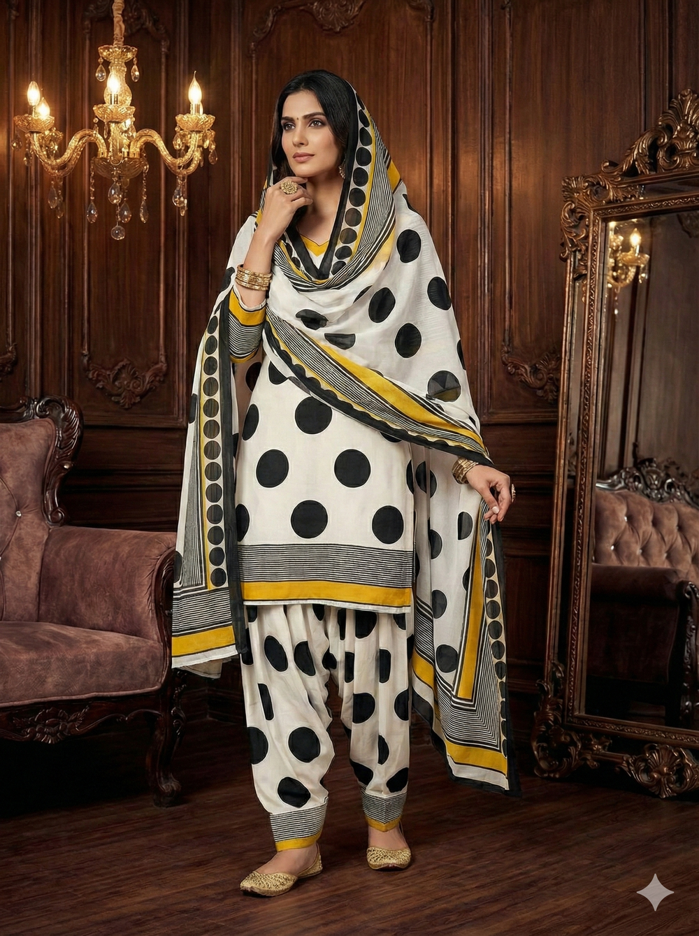 White Black Polka Dot Satin Unstitched Suit Material with Dupatta — Chalti Fashions