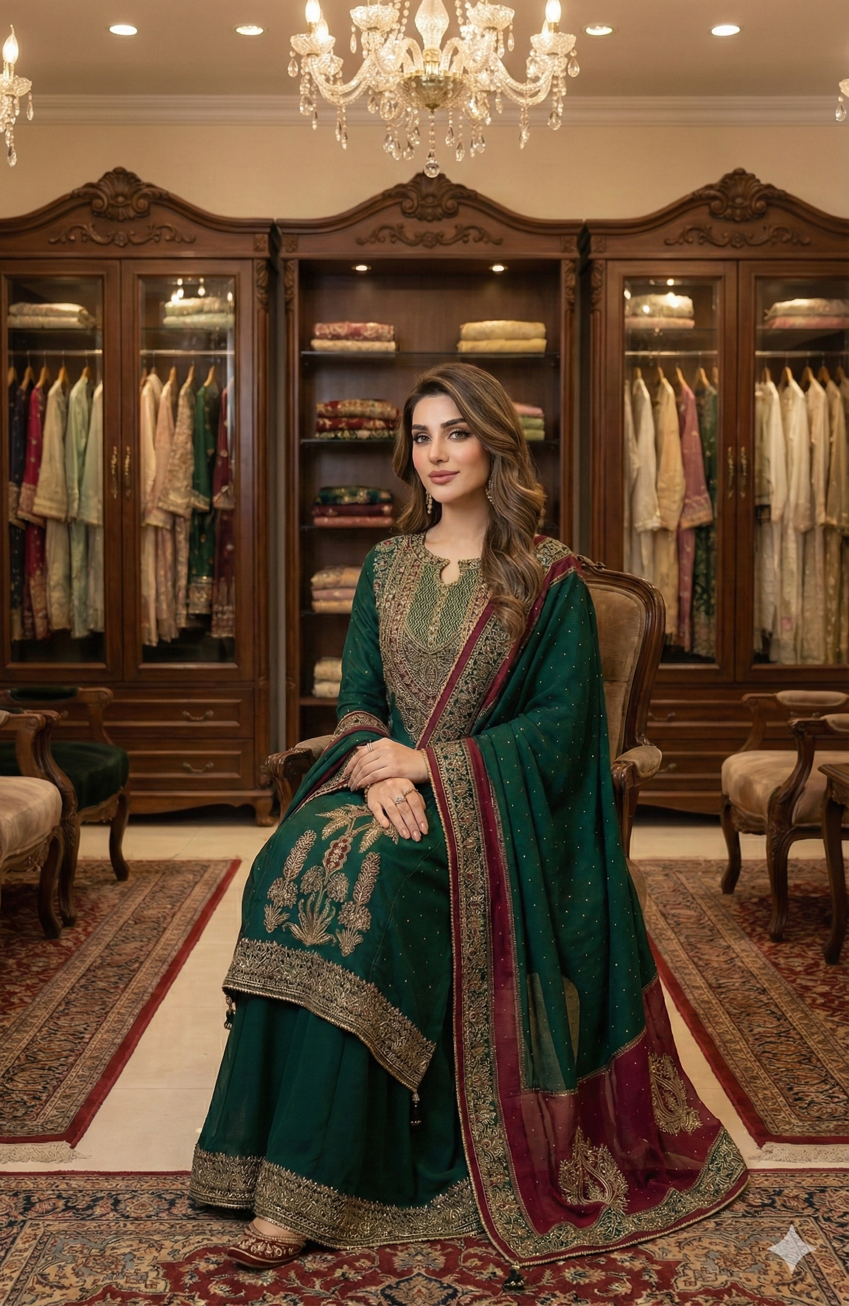 Emerald Green & Maroon Unstitched Suit – Premium Organza & Crepe