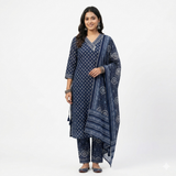 Navy Blue Cotton Ajrakh Print Kurta with Dupatta Front View — Chalti Fashions