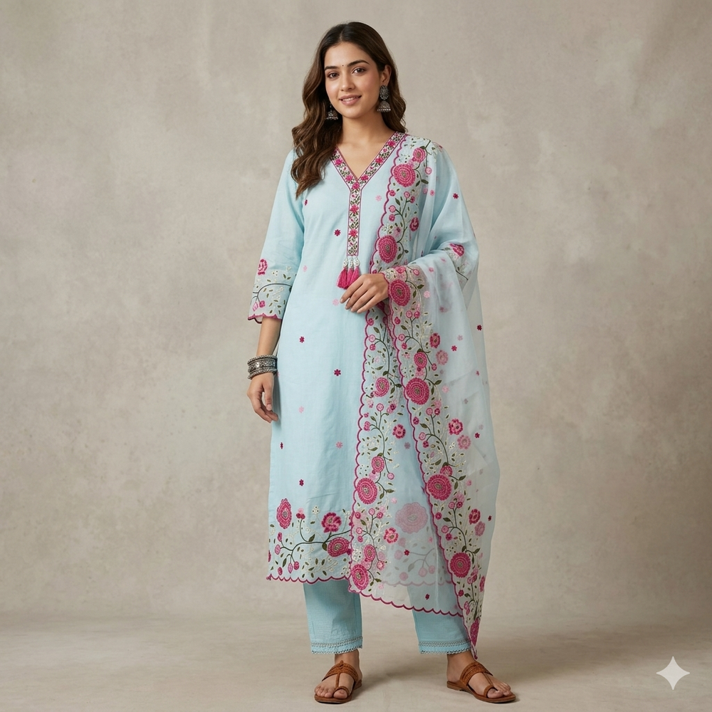 Sky Blue Cambric Lawn Floral Embroidered Kurta Pant Dupatta Set — Chalti Fashions