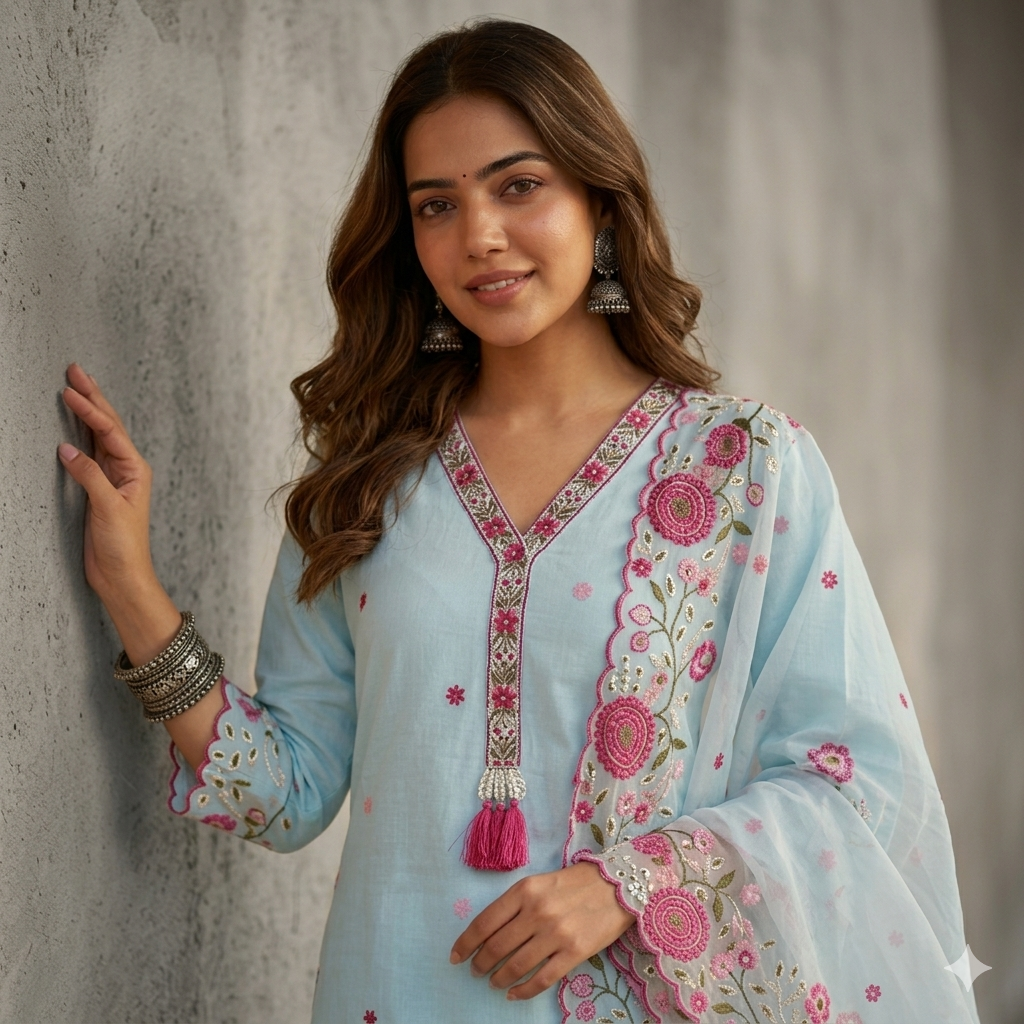 Sky Blue Lawn Kurta Pink Floral Embroidery V Neck Detail — Chalti Fashions