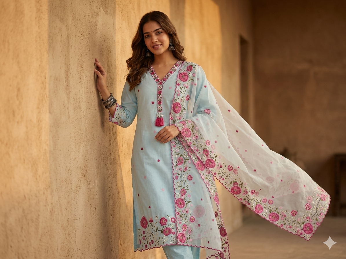 Sky Blue Cambric Kurta with Organza Scallop Dupatta Full View — Chalti Fashions
