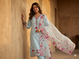 Sky Blue Cambric Kurta with Organza Scallop Dupatta Full View — Chalti Fashions