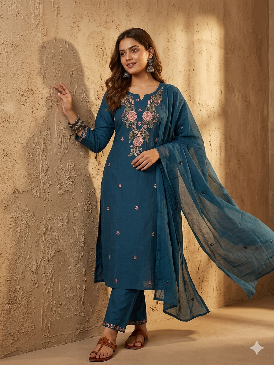 Teal Blue Cotton Slub Floral Embroidered Kurta Pant Dupatta Set — Chalti Fashions