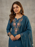 Teal Cotton Slub Kurta Pink Rose Embroidery Neckline Detail — Chalti Fashions