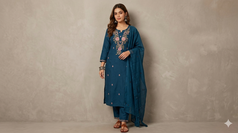 Teal Blue Straight Kurta Pant Set Full Length View — Chalti Fashions