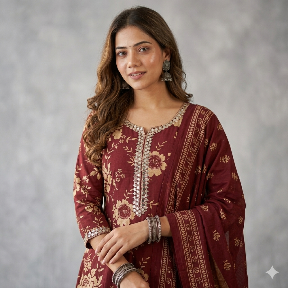 Maroon Anarkali Kurta with Golden Floral Print Front View — Chalti Fashions
