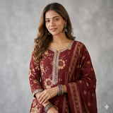 Maroon Anarkali Kurta with Golden Floral Print Front View — Chalti Fashions