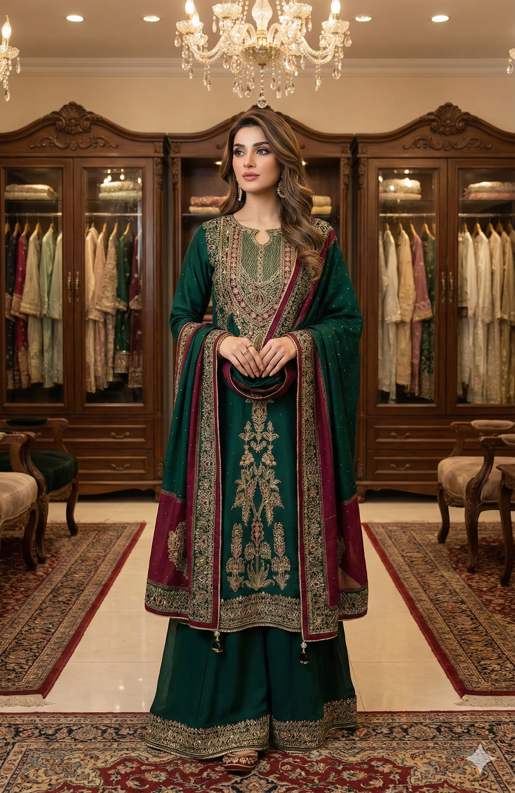 Emerald Green & Maroon Unstitched Suit – Premium Organza & Crepe