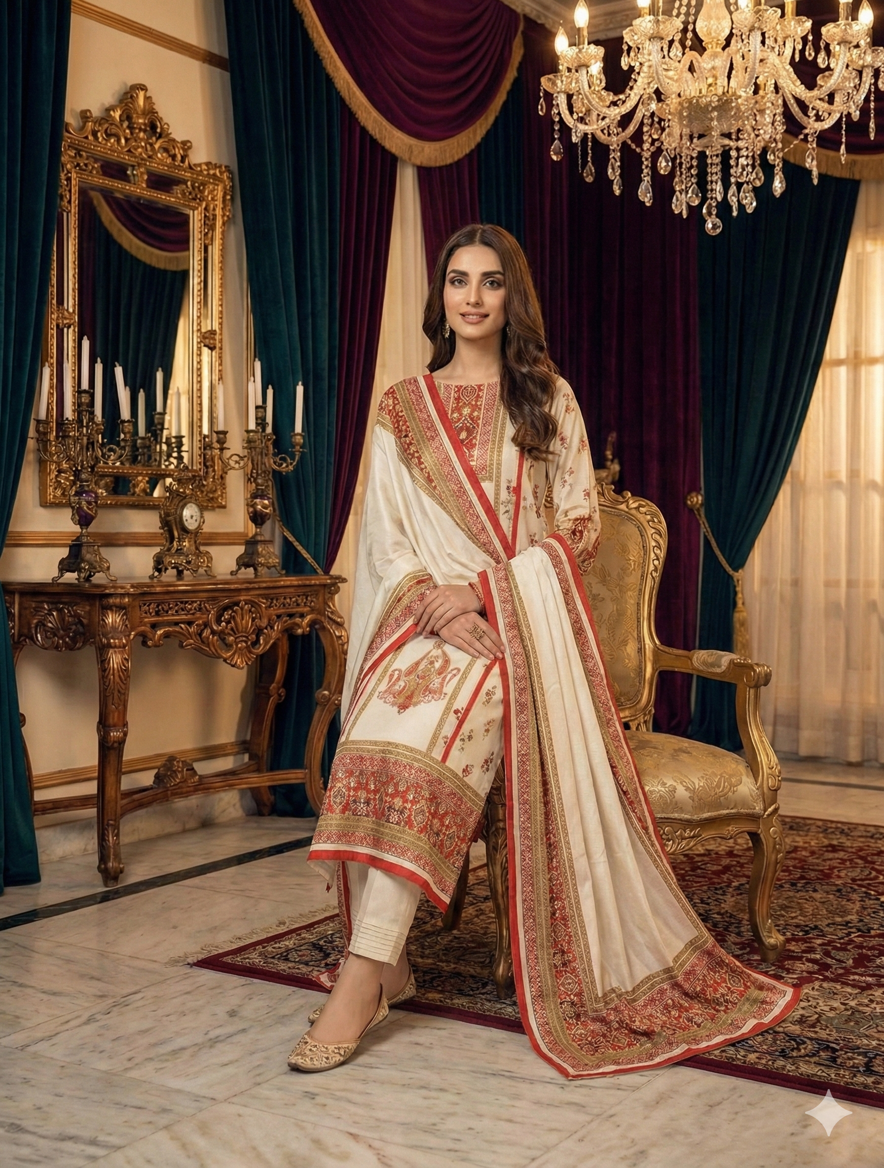 Premium Cream Satin Silk Printed Suit with Designer Dupatta