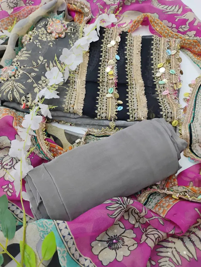 Grey Silk Kurta with Animal Print Multicolor Dupatta Full View — Chalti Fashions