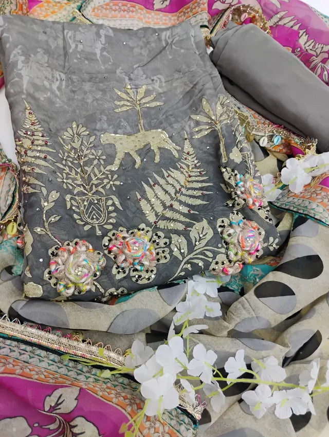 Grey Silk Kurta with Animal Print Multicolor Dupatta Full View — Chalti Fashions